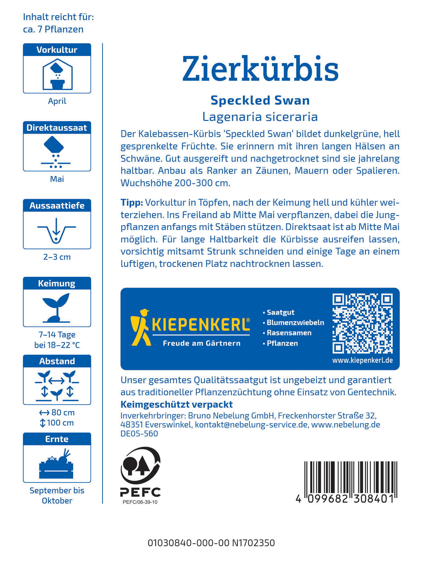 Informationsblatt mit Details zu Zierkürbis Speckled Swan, Anbau, Pflege, Aussaat, Keimung, Abstand, Erntezeit, Logo und Barcode.