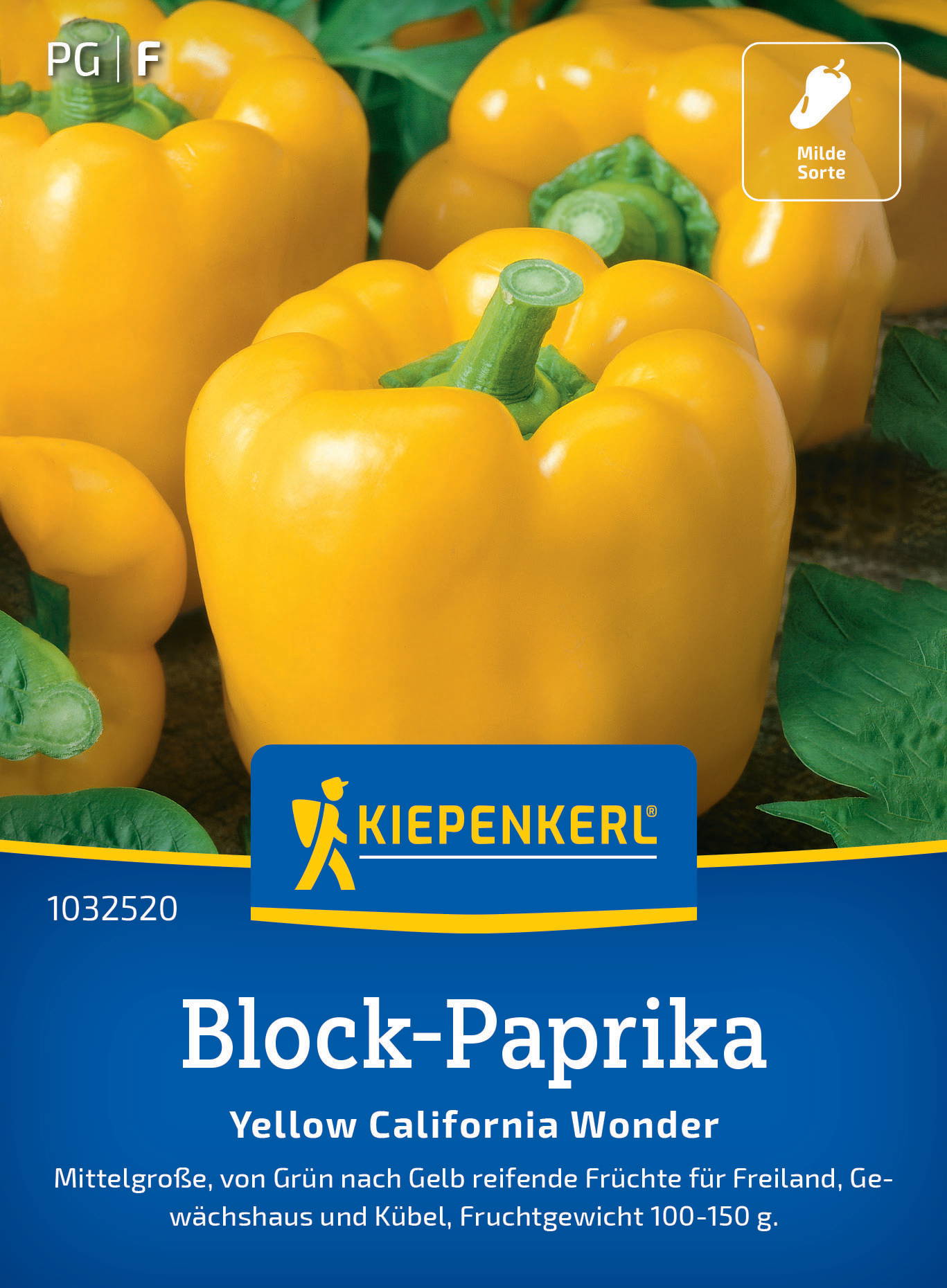 Gelbe Blockpaprika mit grünen Stängeln auf dunkelbraunem Untergrund, Verpackungslabel vorne.