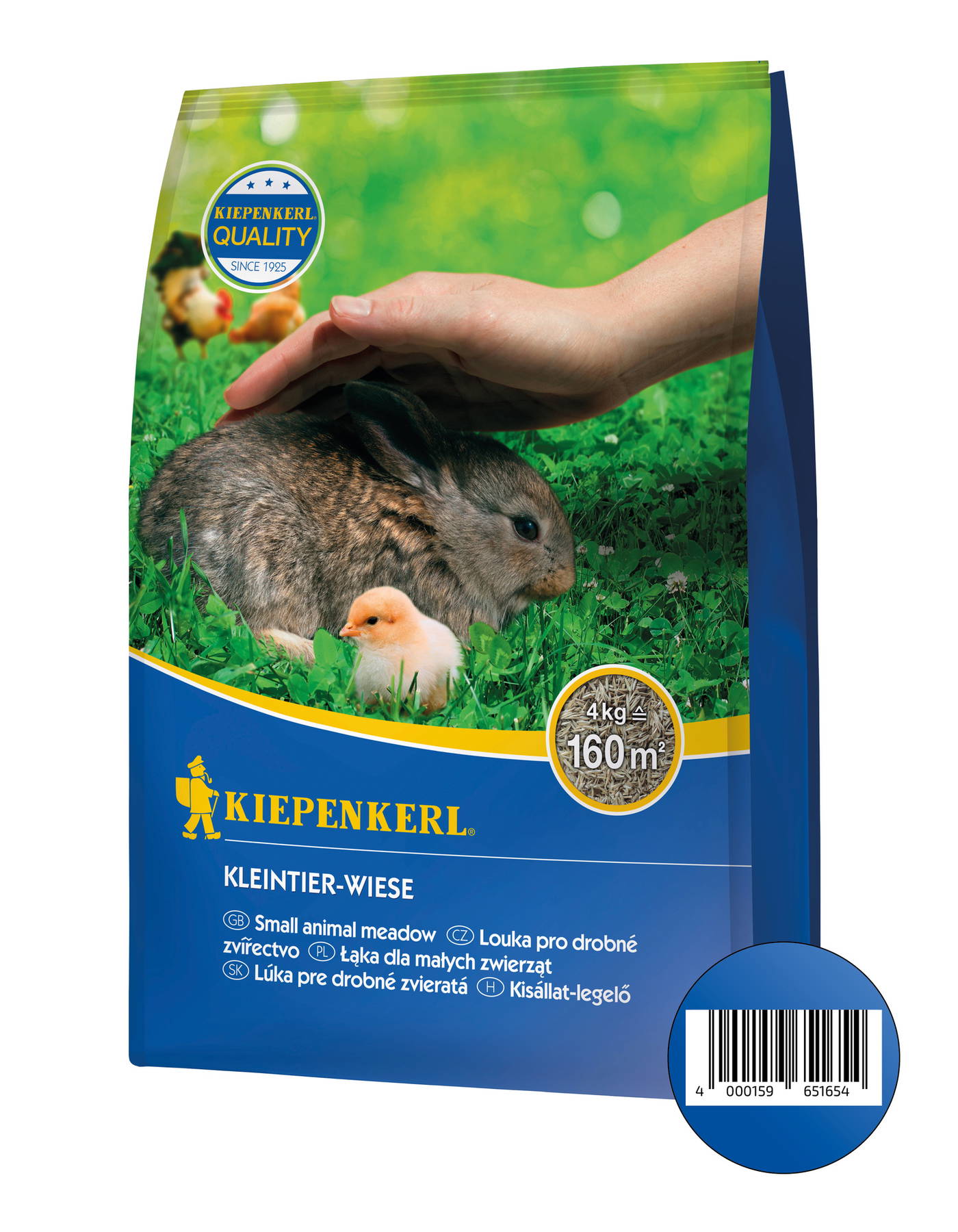 Büschel mit Hase, Huhn, Gras, Hand hält das Tier, blauer Beutel mit Gartenbild, Text und Barcode.