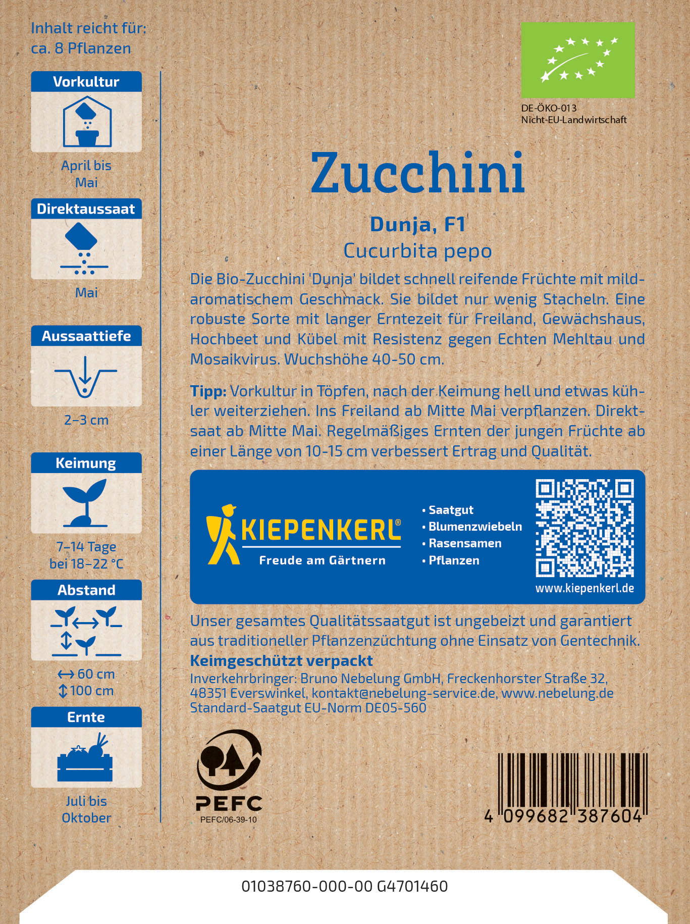 Beschreibung des Textes auf der Verpackung mit Anweisungen, Sorteninfo, QR-Code und Firmenangaben.