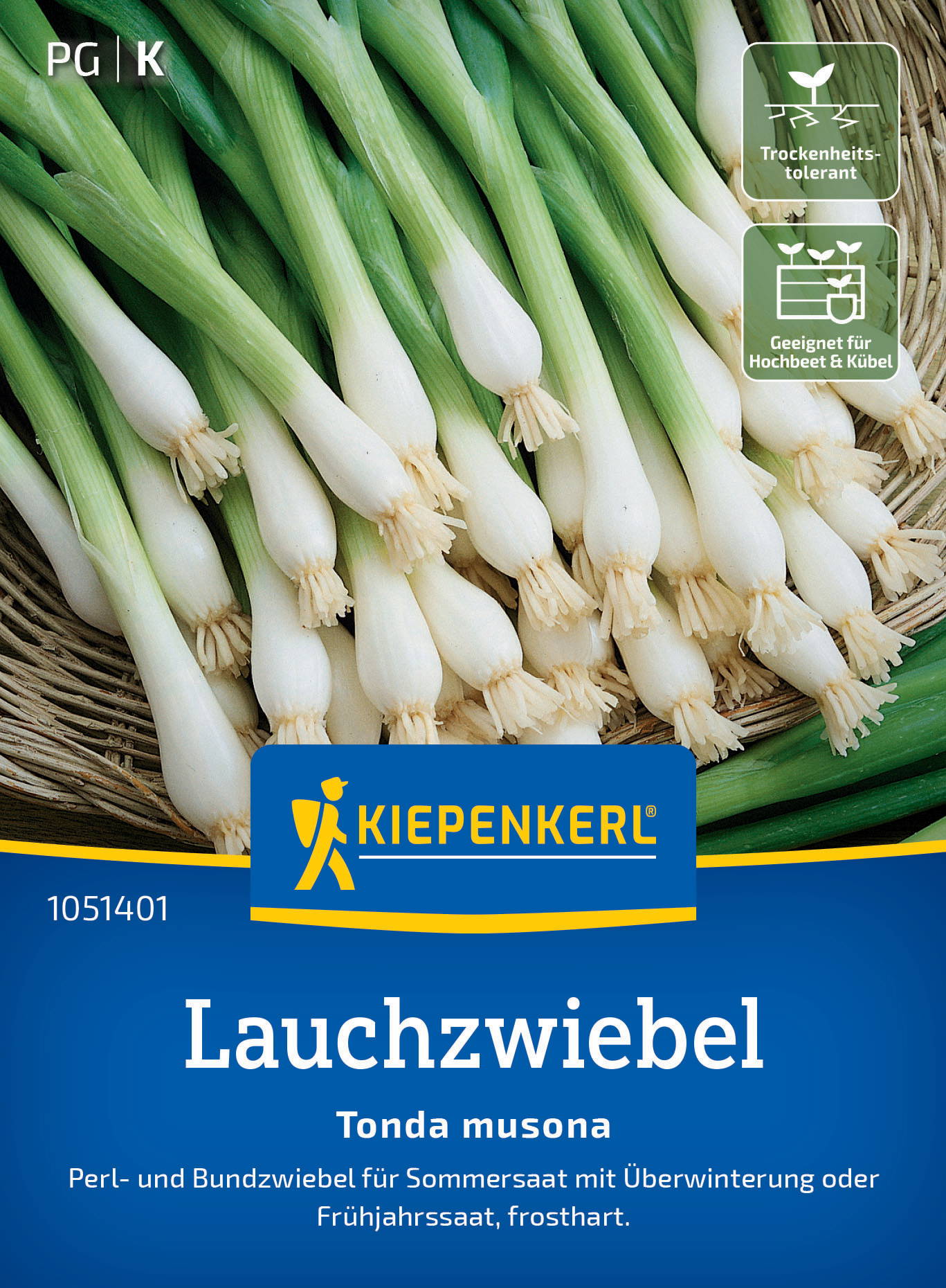 Streuender weiße und grüne Frühlingszwiebel in einem Korb mit Pflanzensymbolen und Kiepenkerl-Label.