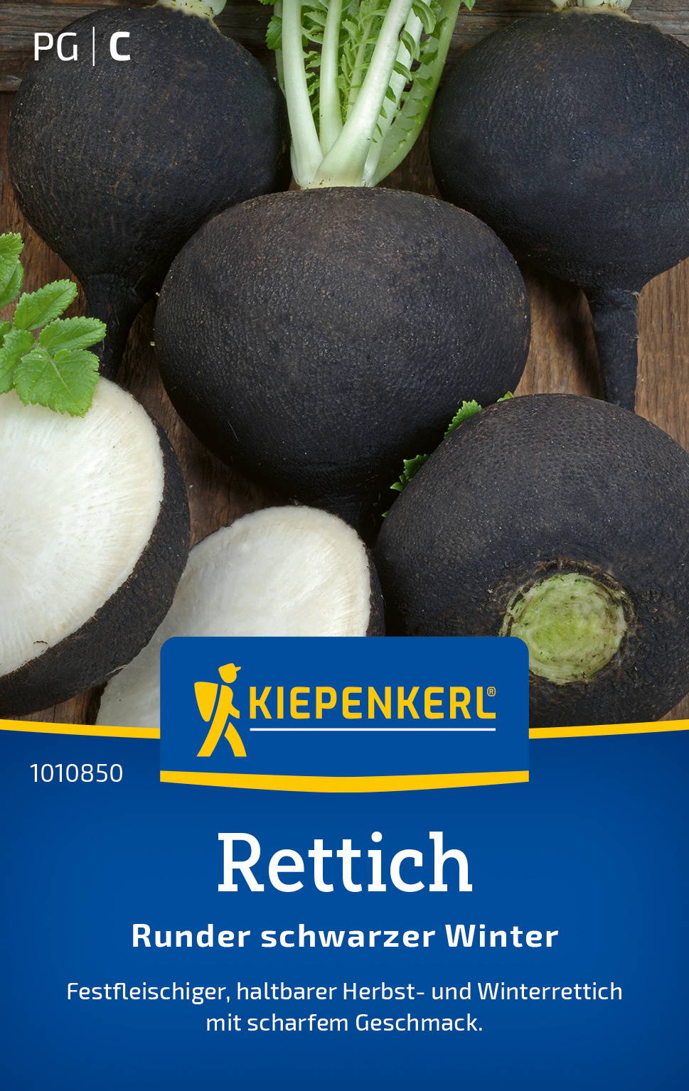 Schwarze und weiße Rettiche auf Holztisch, Verpackung mit Kiepenkerl Logo, Text: Rettich Runder schwarzer Winter.