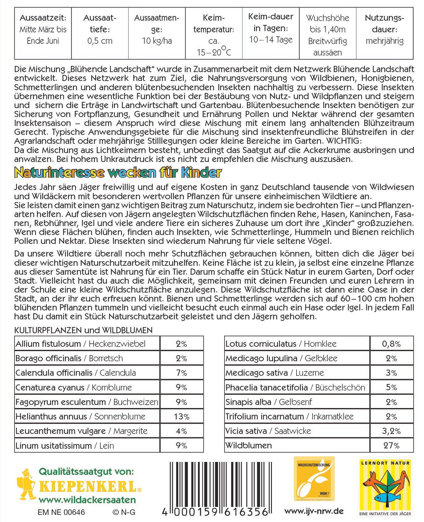 Textblock mit Anleitungen, Informationen zu Wildpflanzen, Tabellen, Logos und Barcode auf weißem Hintergrund.