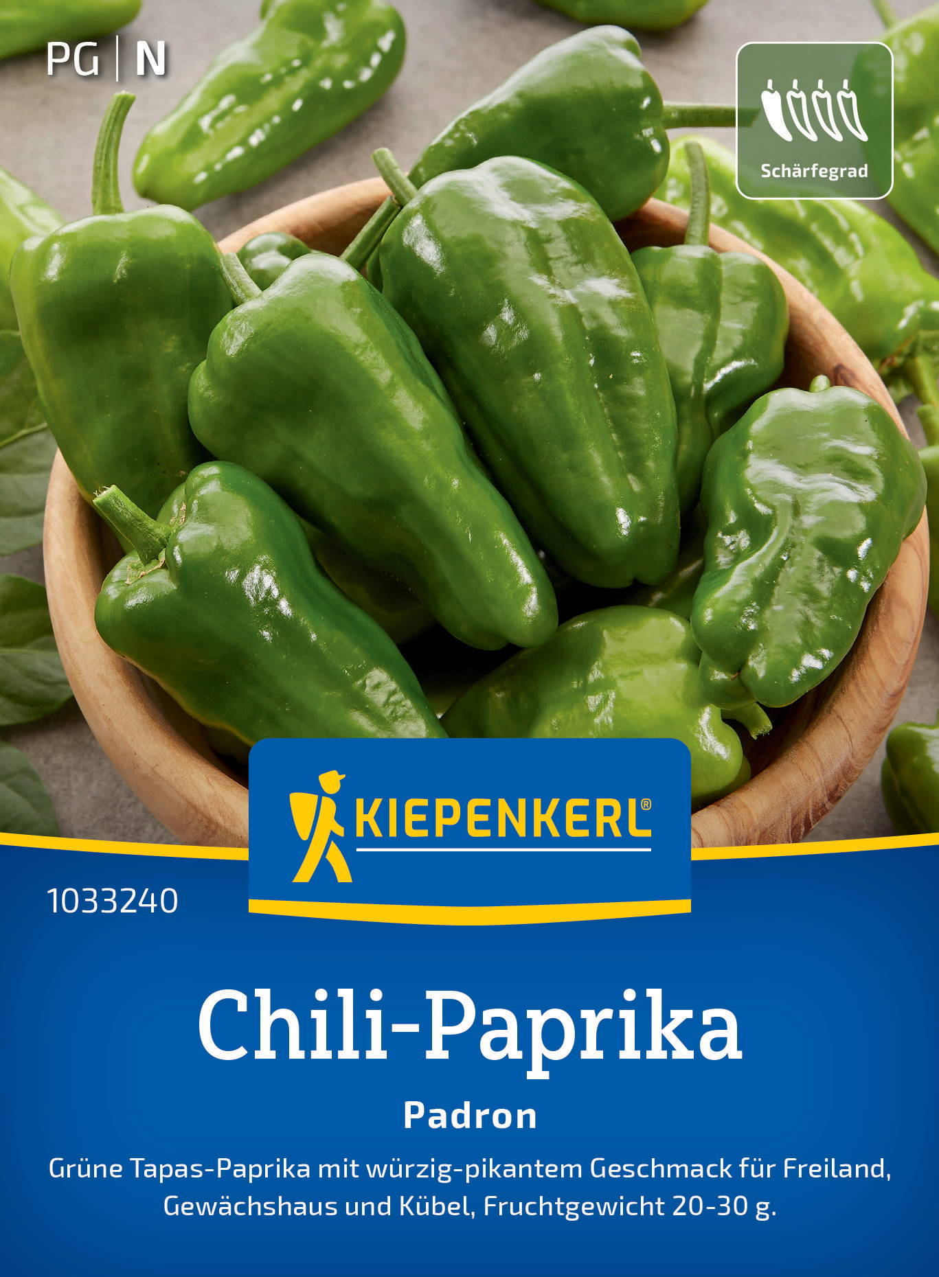 Grüne Chili-Paprika in einer Schüssel, mit Kiepenkerl-Label und Formsymbol, auf einem grauen Hintergrund.