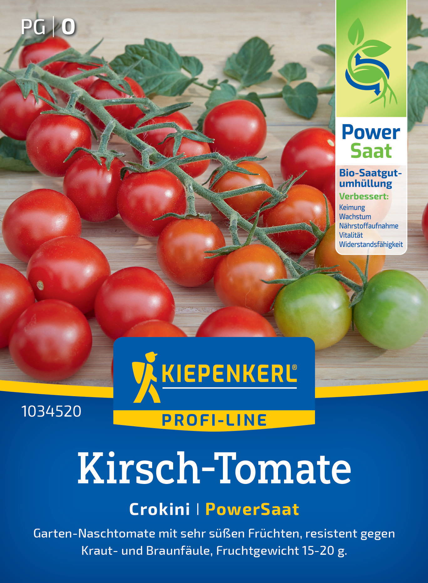 Reife und unreife Cherry-Tomaten auf einem Holzbrett, grüne Blätter im Hintergrund, Verpackung mit Produktinformationen.