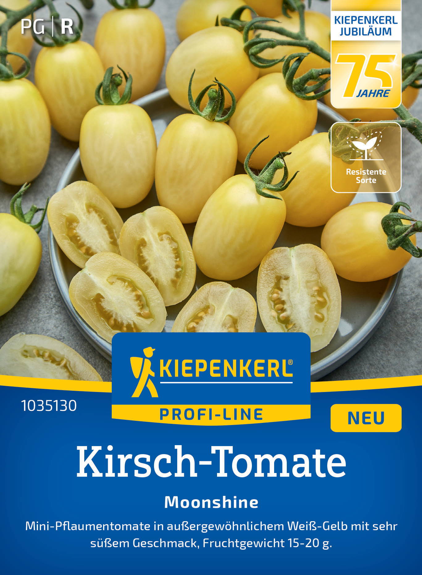 Gelbe Cherry-Tomaten, einige halbiert, auf einer runden weißen Platte.