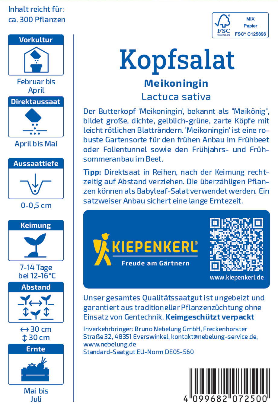 Vorderseite eines Saatgutpakets mit Textinformationen zur Aussaat von Kopfsalat Meikönigin.