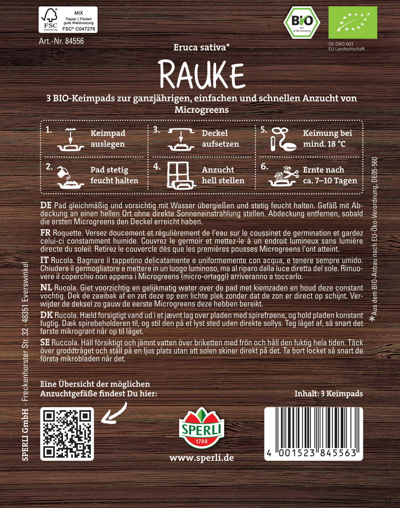 Anleitung mit drei Symbolen, Text in mehreren Sprachen, QR-Code, Barcode, Logo, Website.