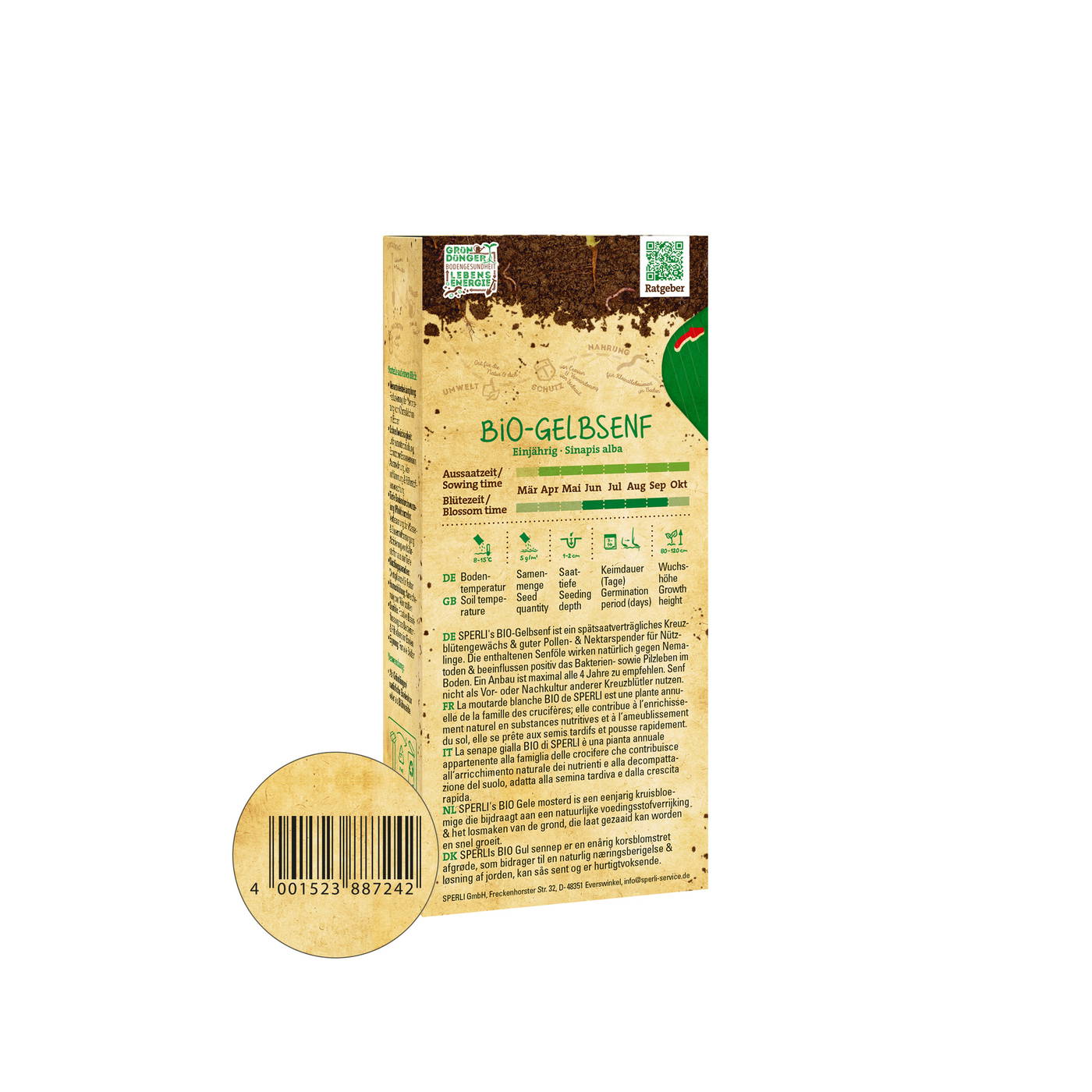 Papiertüte mit Bio-Gelbsen Samen, inklusive Barcode und ausführlicher Zeremonie-Information in mehreren Sprachen.