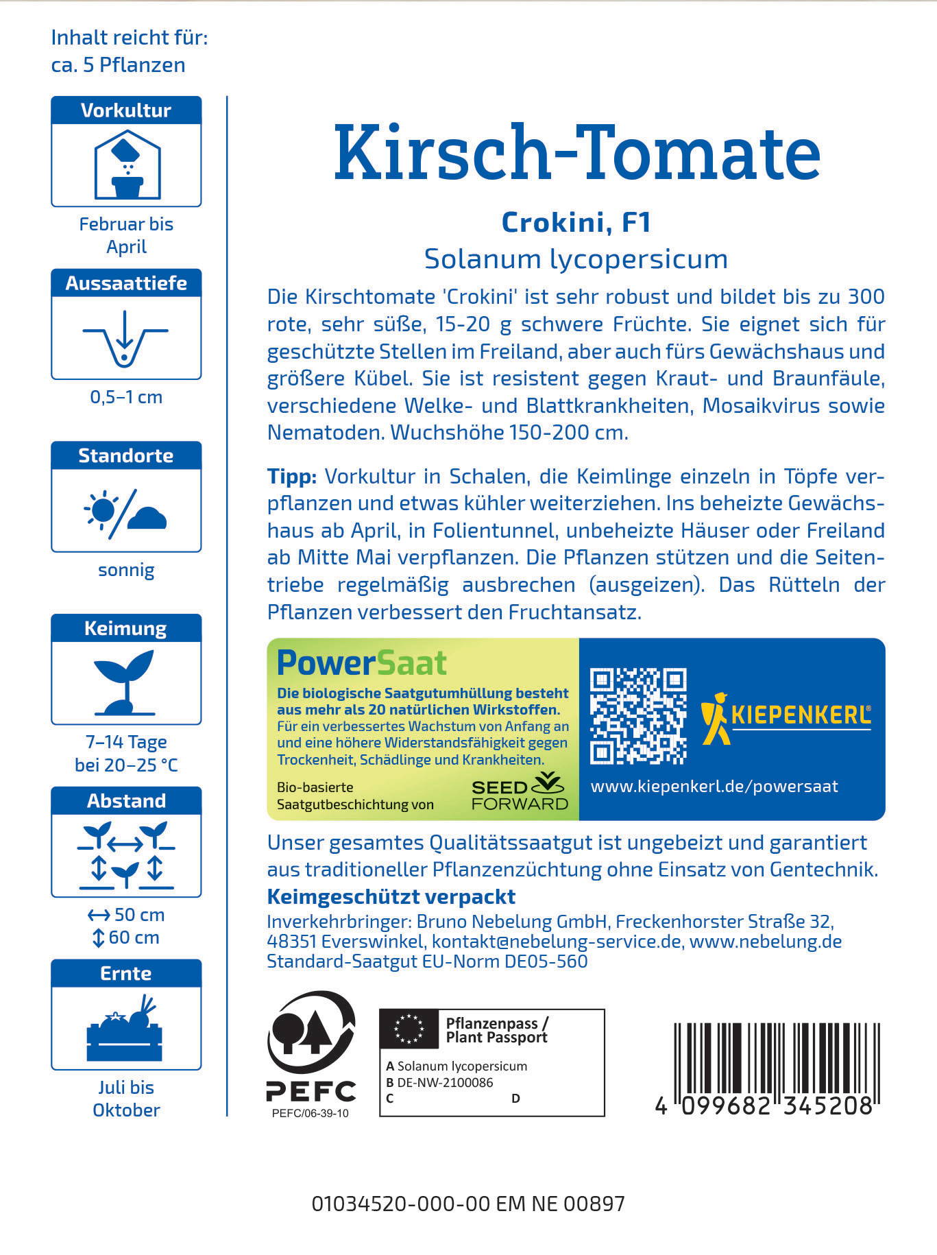 Grafik mit Text über Kirsch-Tomaten Saatgut, Anbau, Eigenschaften, Tipps, Bio-Qualität, Verpackung, Hersteller, Barcode.