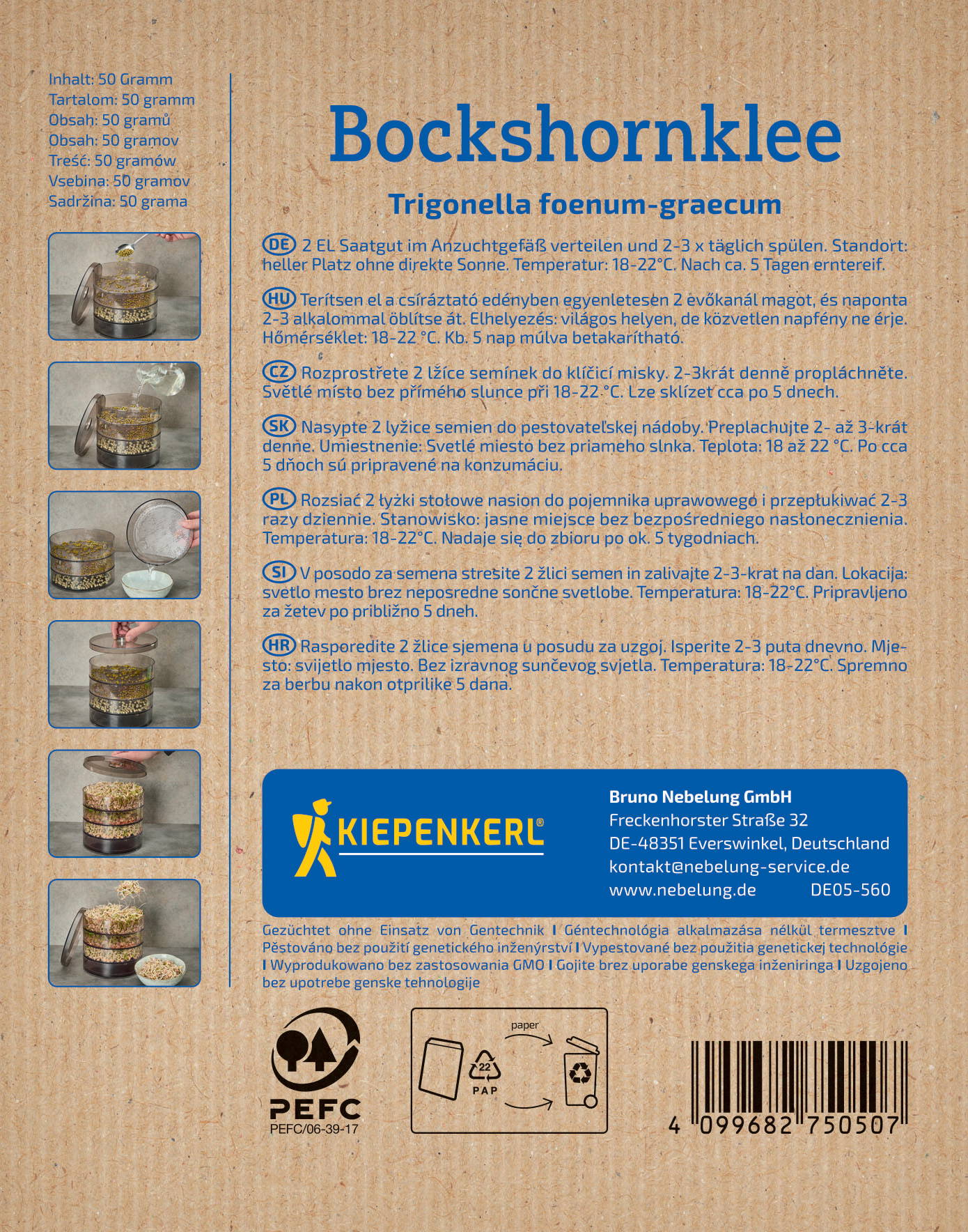 Boden mit Text und Illustrationen, Anleitung für den Anbau von Bockshornklee, Logo, Barcode, Recycling-Symbole.
