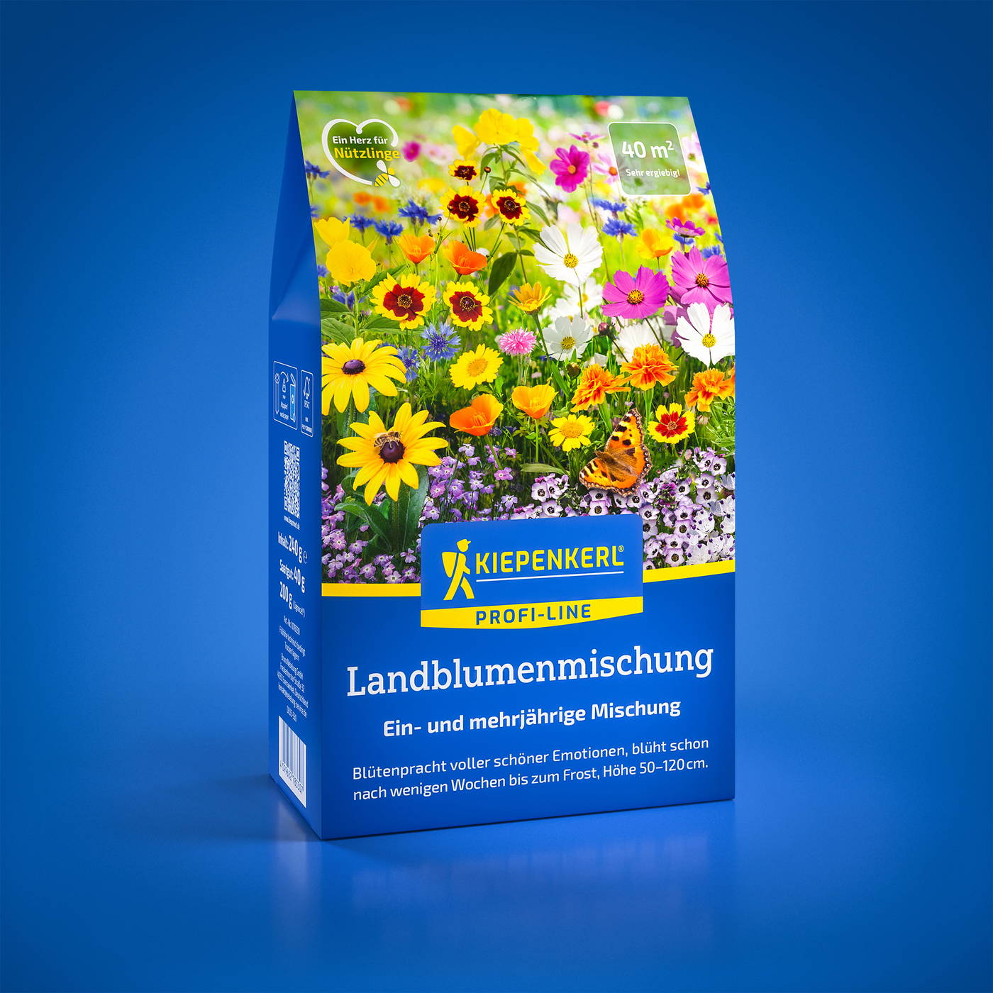 Bunte Blumenmischung in einem blauen Kiepenkerl-Profi-Line Verpackung auf blauer Hintergrund.