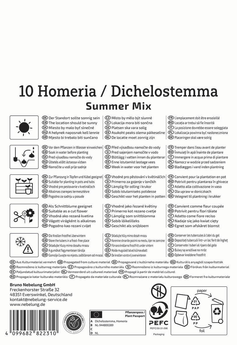 Anleitungssymbole, Produktbeschreibung, Barcode, Adresse, Logos, Pflanzpass, Recycling- und Umweltinformationen.