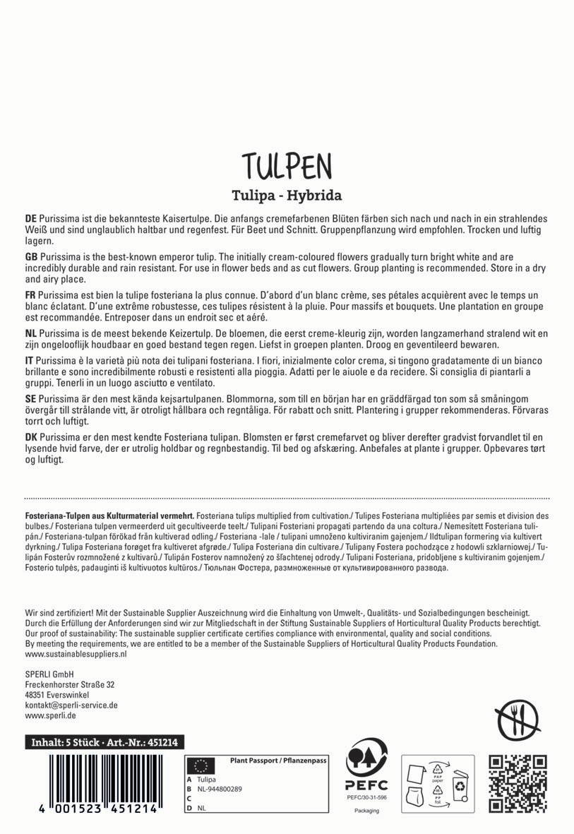 Blumenpackung mit fünf Tulpen in verschiedenen Farben, inklusive Pflanzpass und QR-Code