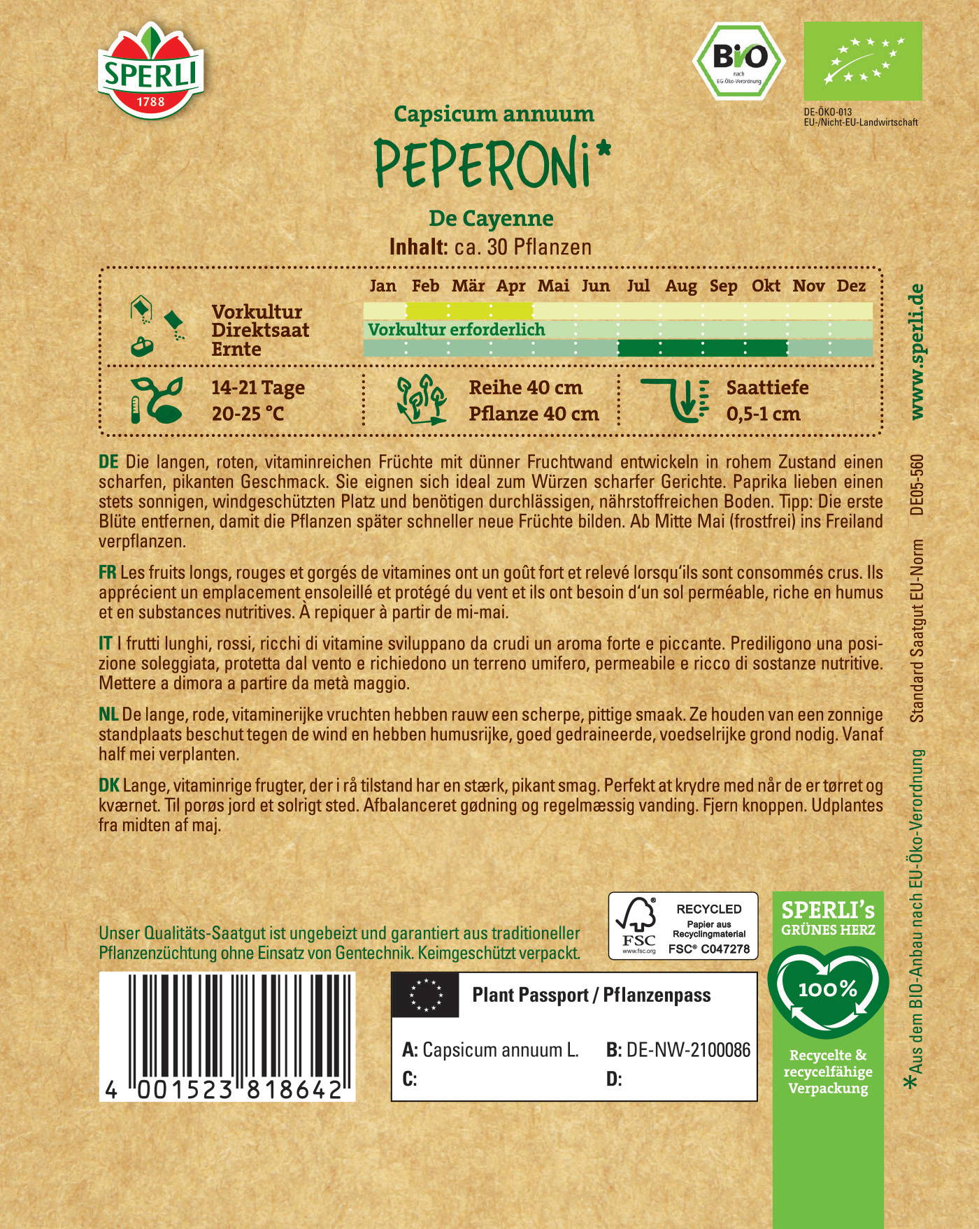 Samen mit sprießendem Pepperoni-Pflanze, Pflegehinweise auf braunem Hintergrund.