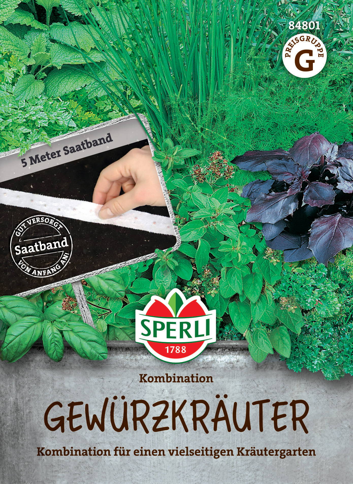 Kräutermischung für einen vielseitigen Kräutergarten, mit verschiedenen Gewürzkräutern, im Garten.