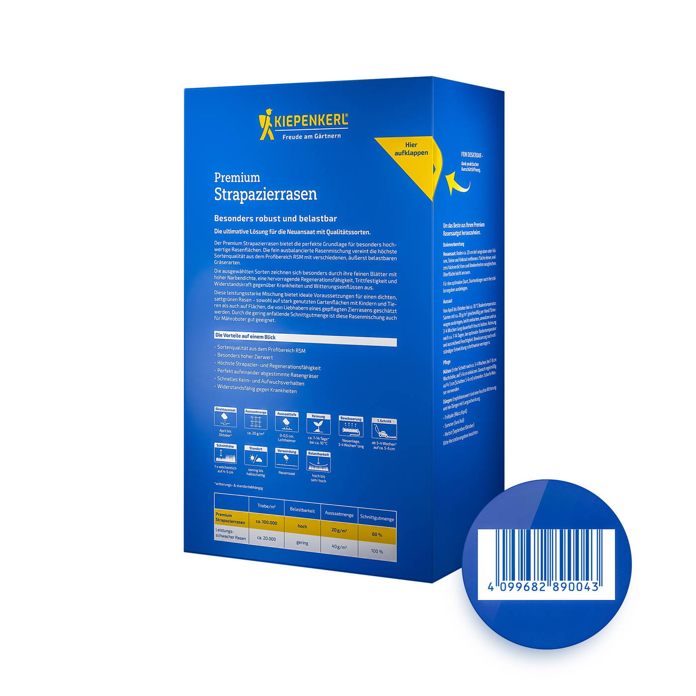 Blauer Karton mit gelbem Logo, siehe Text, dazu ein runder blauer Gegenstand mit Barcode.