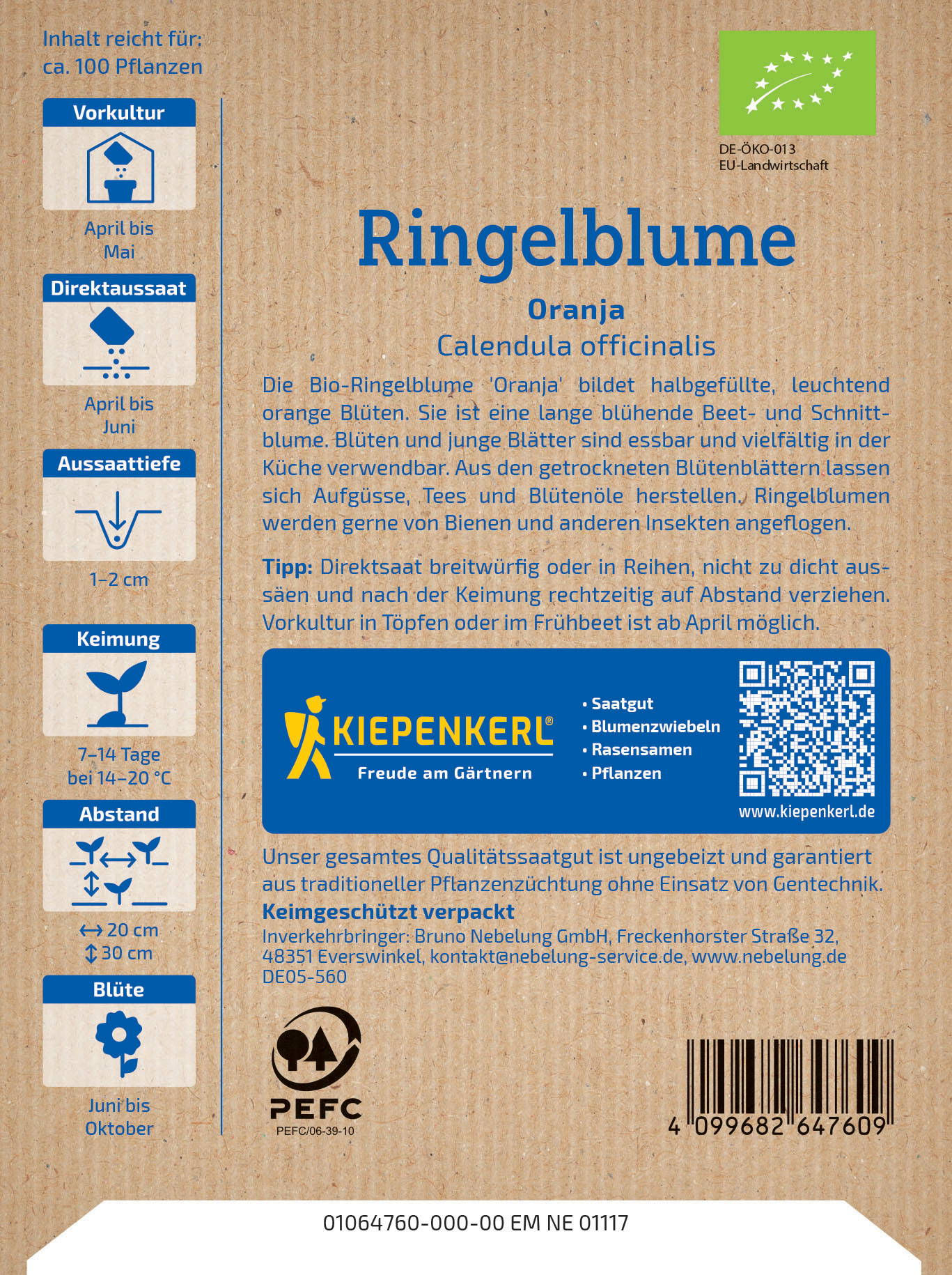 Rundblumen-Packung mit Beschreibung und Logos, QR-Code, Barcodes, Kontaktdaten und Pflanzhinweisen.