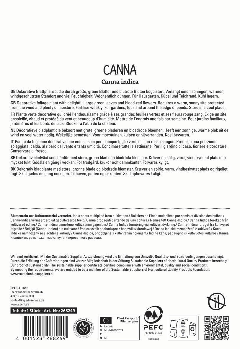 Text with plant information, safety certifications, and recycling symbols in multiple languages.