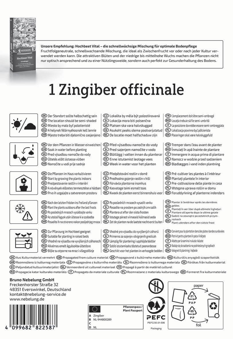 Anzuchtsaatgut in einem schwarzen Beutel mit weißem Text, verschiedene Symbole und eine Pflanzenpass-Abschnitt auf der Rückseite.