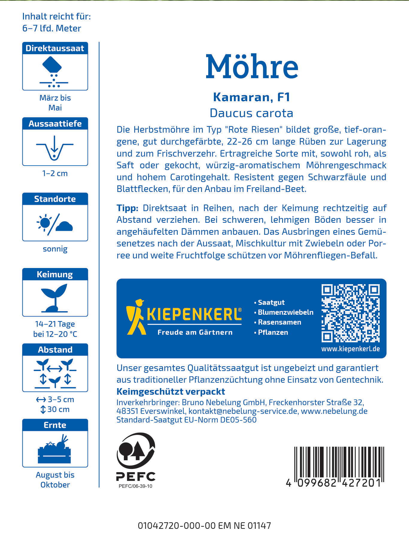 Informationstext über Saatgut, Anbau, Pflanzenschutz und Kontakte für Möhren.