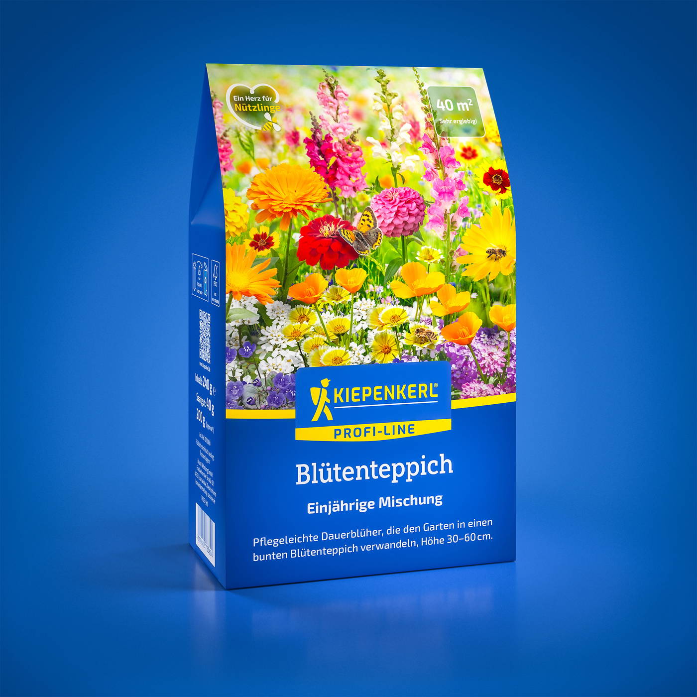 Blaue Verpackung mit bunten Blumen, Kiepenkerl Logo, Text Blütenteppich.