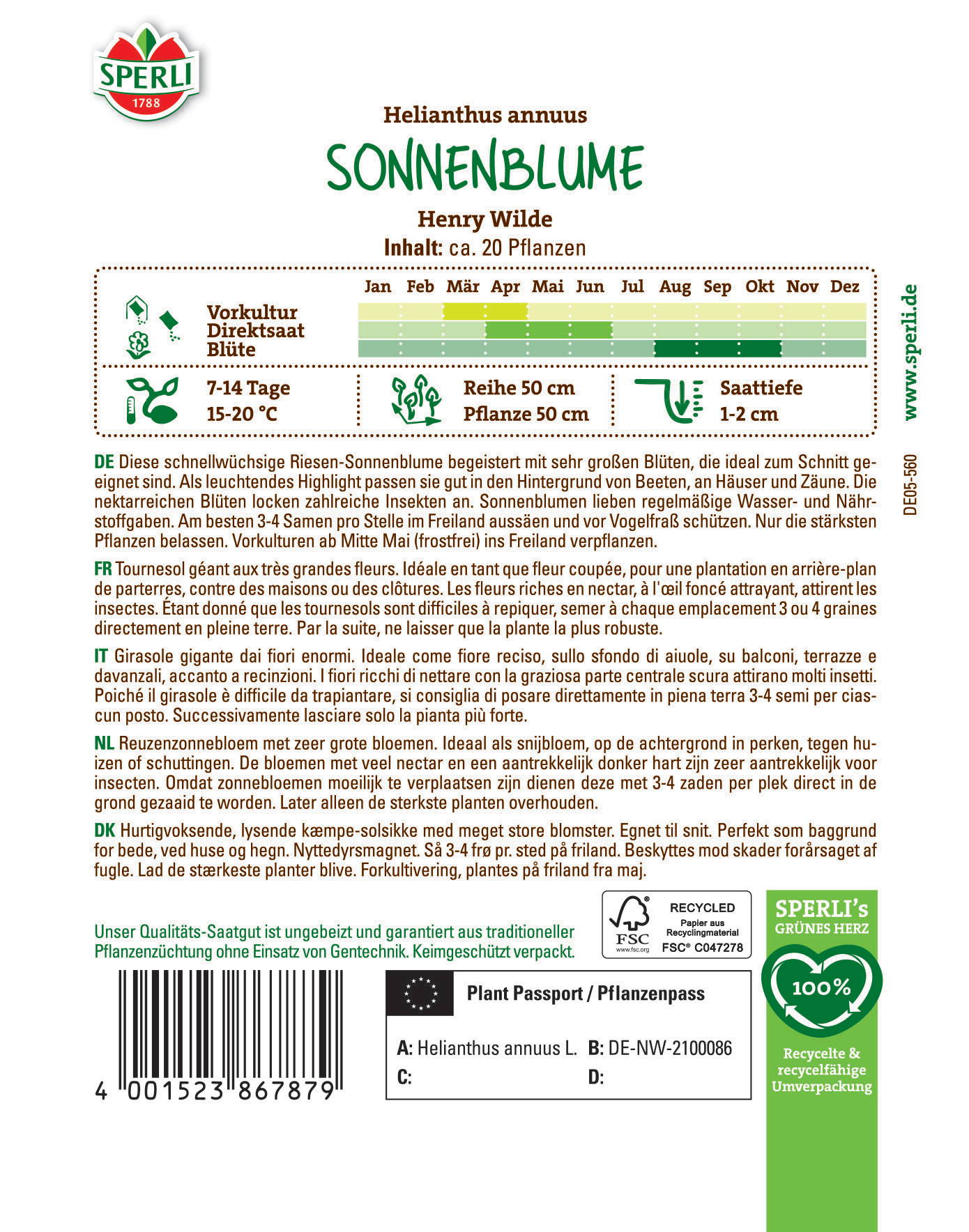 Sonnenblumen-Samenpackung mit Text auf der Rückseite, enthält pflanzeninformation und Wachstumsanleitung