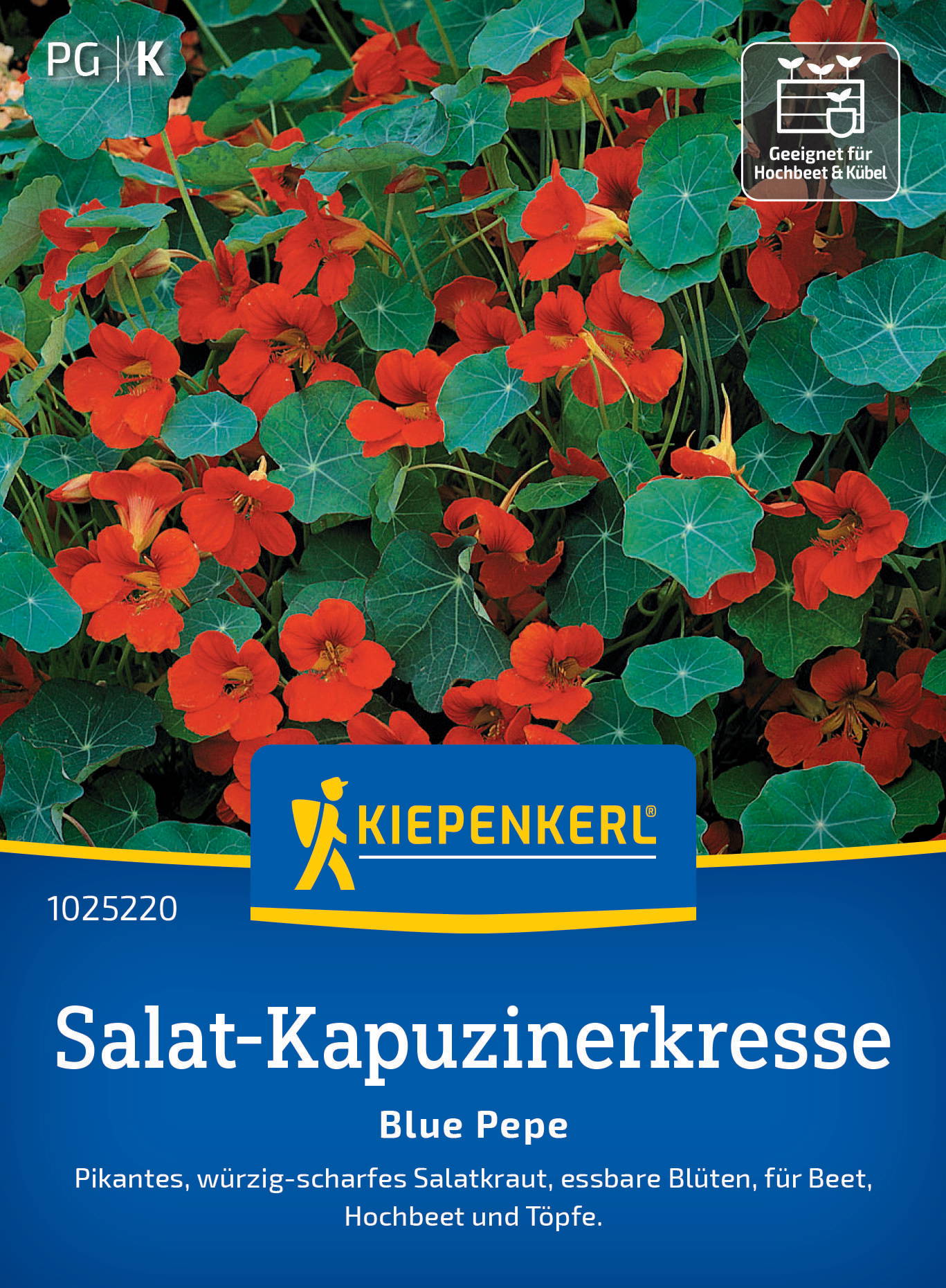 Rote Blüten und grüne, große, rundliche, gezackte Blätter der Pflanze, Verpackung für Kiepenkerl Salat-Kapuzinerkresse.