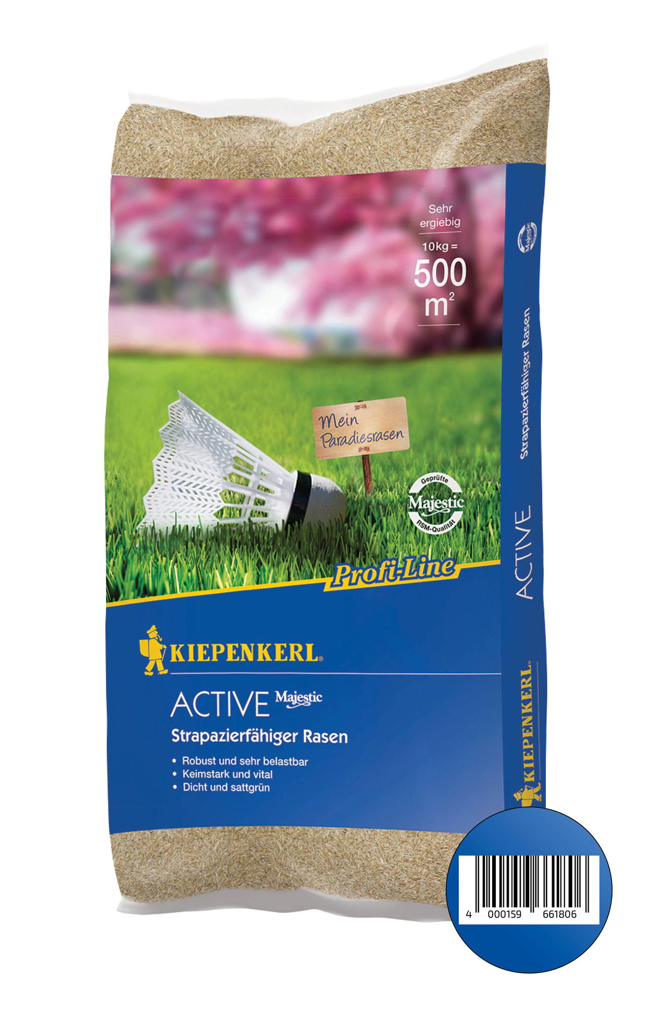 Grünes, blauer und brauner Rasen-Samenbeutel mit einem Tennisball und einem kleinen Holzschild mit Aufschrift.