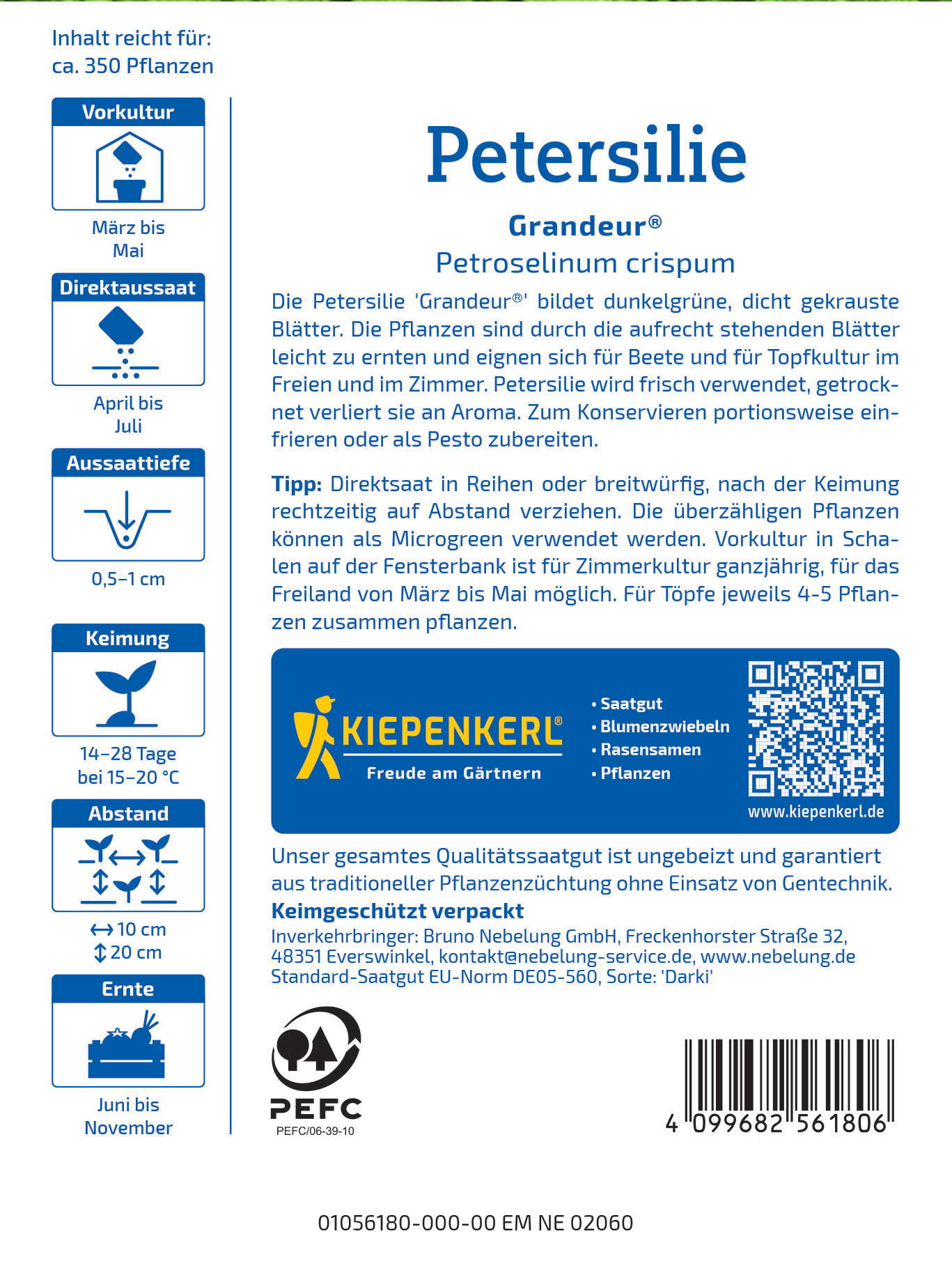 Anleitung für Petersilie Großdauer, mit Angaben zu Aussaat, Pflanzabstand und Pflege, Kiepenkerl Logo, QR-Code, Bar-Code.