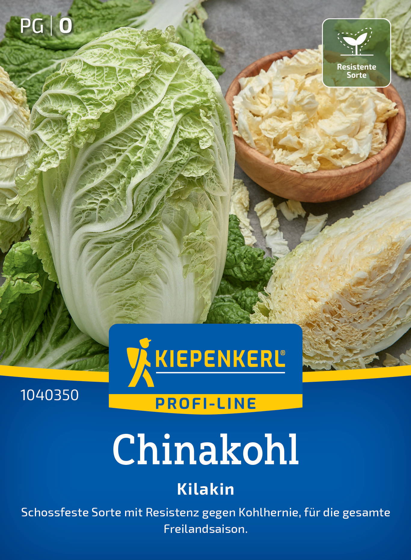 Römersalat und Chinakohl in einer Packung, gepuffter Chinakohl in einer Schüssel, Logo und Text auf blauer Packungsfront.