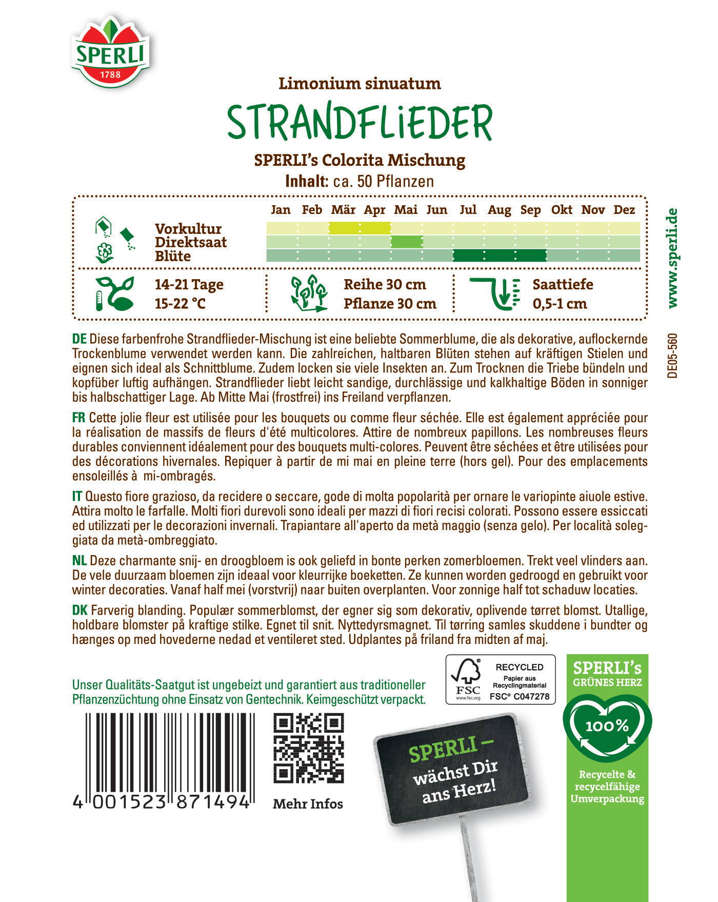 Bunte Strandlinder mit grünen Blättern, ca. 50 Pflanzen, Wachstumsmonat Mai, Höhe 30 cm, Blühzeit Sommer.