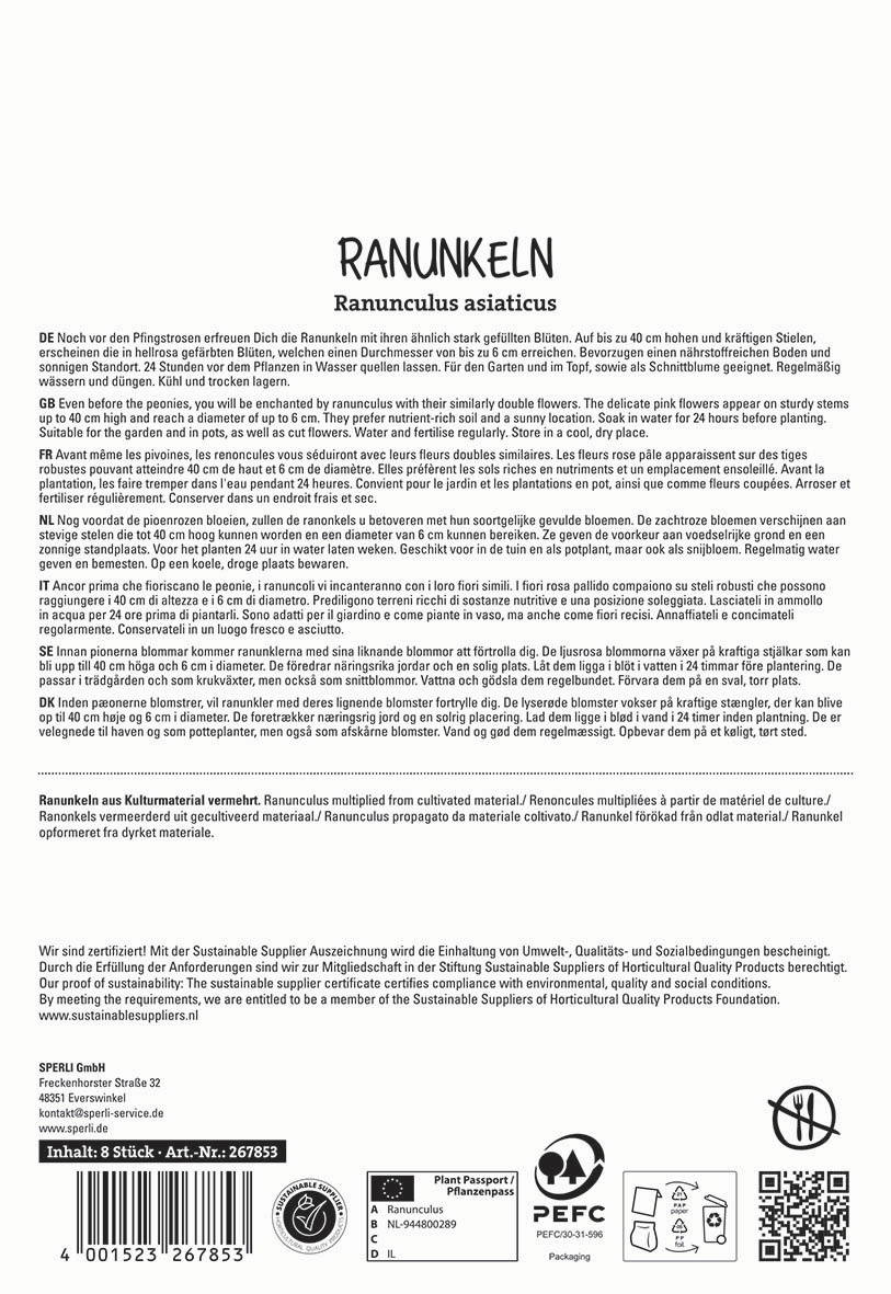 Seite mit Beschreibung und Pflegeanleitung für Ranunkeln in mehreren Sprachen, Logo und Barcode am unteren Rand.