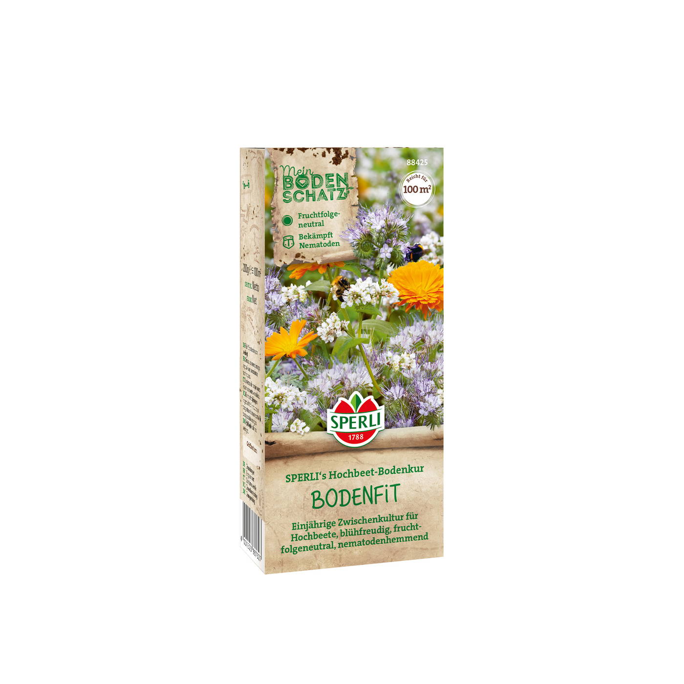 Päckchen mit bunten Blumen und einem Schild mit grüner Schrift, darunter das Sparli-Logo und Text.